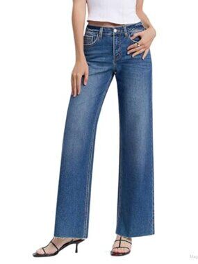High Rise Wide Leg Raw Hem Ankle Jeans Comfort Stretch 5 Pocket